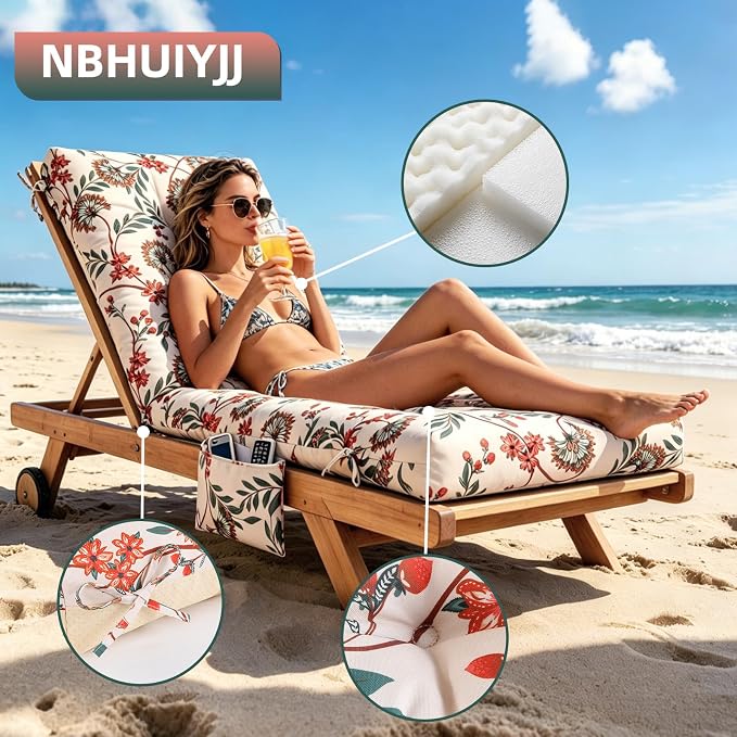 Patio Chaise Lounge Cushions, 68"x21"x4.5" Waterproof Replacement Beach Pool Lawn Outdoor Lounge Chair Cushion with Pocket, Non-Slip Bottom & Secure Ties for Outdoor Furniture, Flower Red