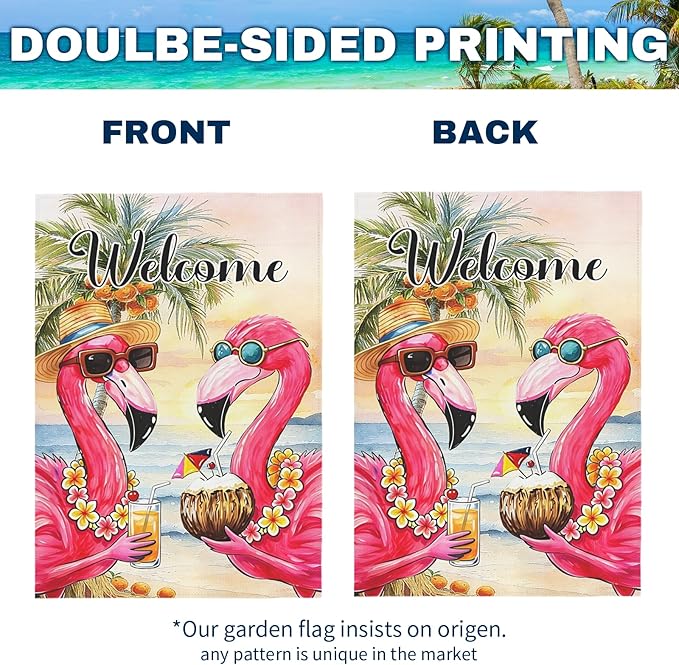 Welcome Garden Flag Flamingo Tropical Beach Scene Yard Flags Summer Coastal Island Double Sided Polyester Pink Flamingo House Banner for Lawn Pool Palm Tree Seaside Home Decor 12 x18 Inch