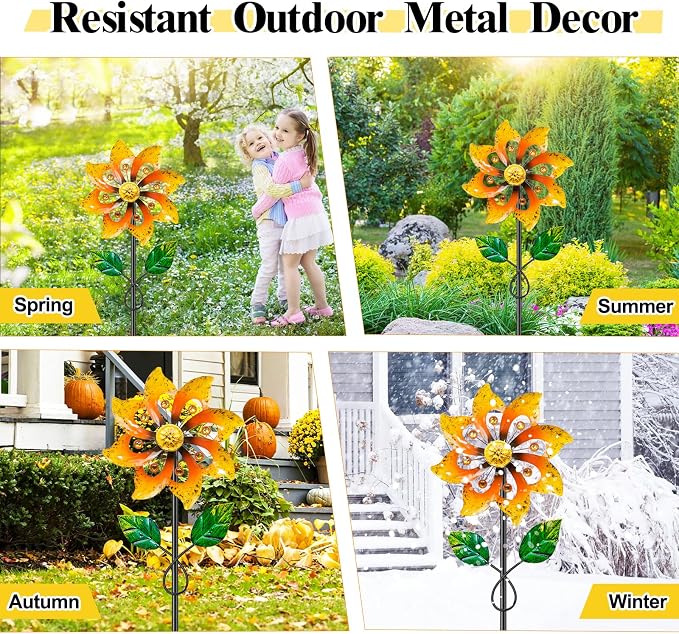 2pcs Metal Wind Spinners Outdoor with Stake for Yard Lawn Garden | 36.8in Wind Sculpture Spinner with Metal Stake, Waterproof Spinners Green Kinetic Wind Spinner for Yard Lawn Decor (Yeloow)