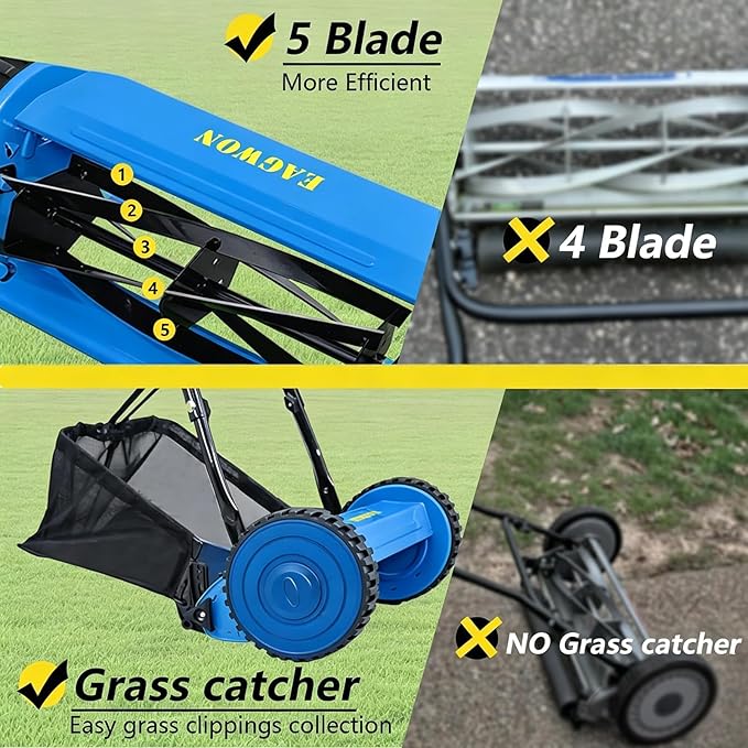 14-Inch 5-Blade Manual Push Reel Lawn Mower Cordless, with Removable Grass Catcher Bag & Adjustable Cutting Height, for Yard & Garden Grass Cutting, Blue