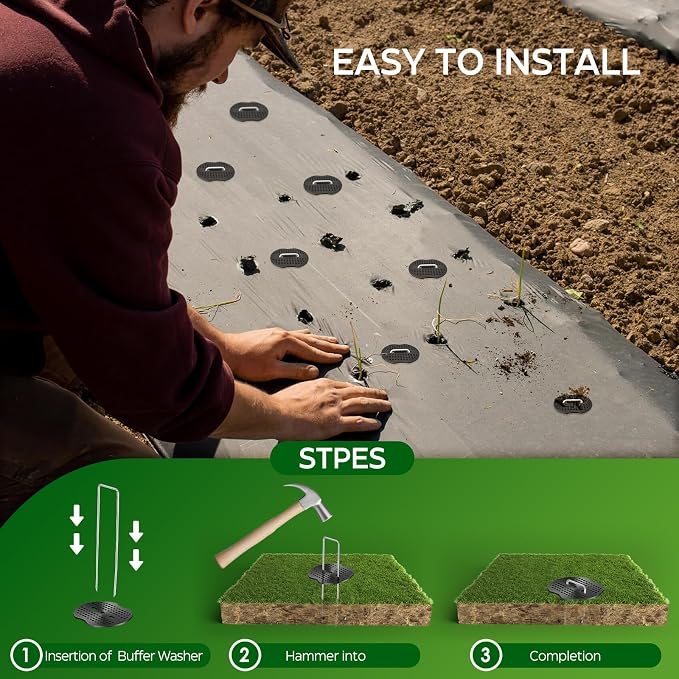 300 Pcs Garden Stakes Landscape Staples Set, 6 Inch 11 Gauge Heavy Duty Galvanized 150 U-Shaped Pins with 150 Gaskets for Weed Barrier Fabric, Grass Sod, Artificial Turf & Yard Landscaping