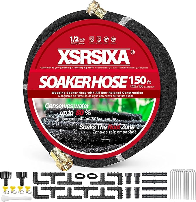 150FT Heavy Duty Soaker Hose – 1/2" Ultra-Flexible Rubber with Reinforced Core, 20% Stronger Stretch & Even Water Flow for Gardens, Lawns, Raised Beds (Drip Irrigation Hose Kit)