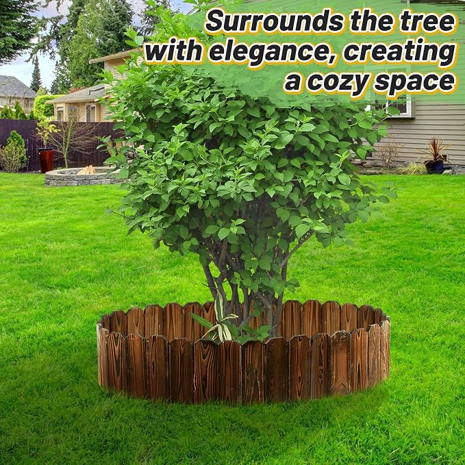 Rustic Pine Wood Landscape Edging - 11.8ft L x 8in H Garden Fence Border, Easy to Install Sturdy Wooden Planter Fencing for Yard Flower Bed Lawns Pathway Tree
