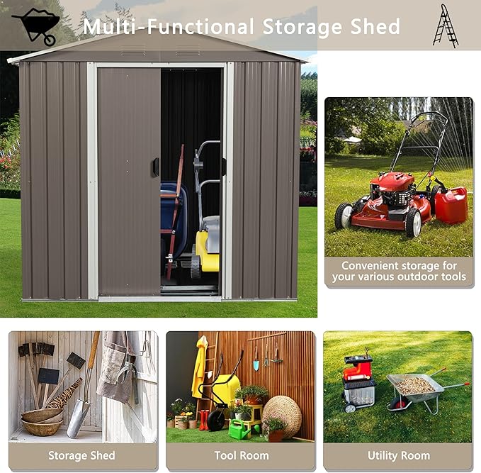 YOPTO 6 x 5 Feet Outdoor Metal Storage Shed, Utility Tool Storage House with Air Vent, Latch Double Doors & Floor Base, Weatherproof Garden Sheds, for Backyard Patio Lawn, Gray