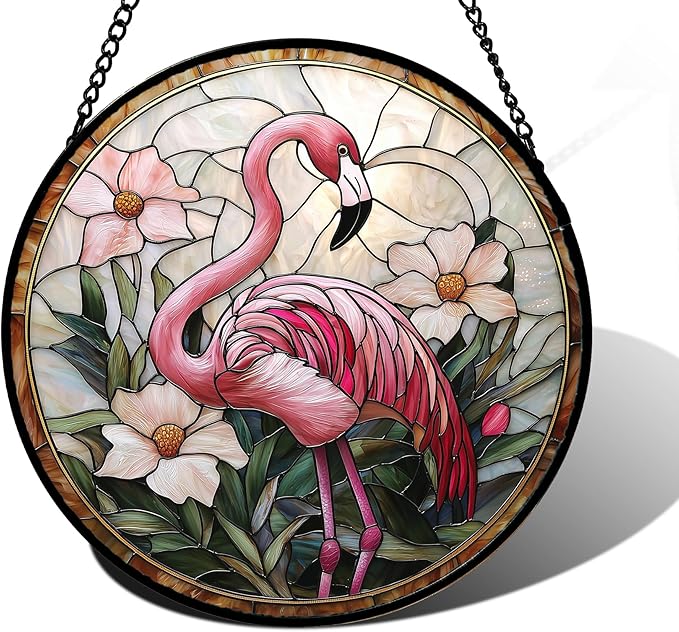 DASTOLL Stained Glass Window Hanging, Flamingo Flower Sun Catchers Diamond Glass Panel Hangings Pink Suncatcher Decor for Birthday for Women, Men, Wife, Aunt, and Mom 15x15 in