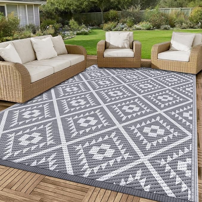 COOLTOP 8'x10’ Outdoor Rug for Patios Porches, Waterproof Plastic Camping Rugs, Modern Reversible Mat, Large Area Rugs for Backyard, Deck, RV, Balcony, Picnic, Beach, Grey & White