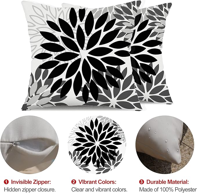 DFXSZ Black Grey Flower Pillow Covers 16x16 Inch Set of 2 White Gray Colored Throw Pillows Outdoor Waterproof Decor for Living Room Sofa Patio Funiture Garden Floral Polyester Pillow Covers 002I16
