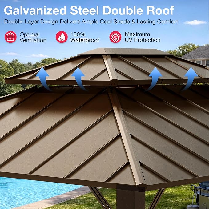 PAMAPIC 10x12FT Hardtop Gazebo,Galvanized Steel Double Roof Gazebo,Outdoor Permanent Pavilion with Breathable Netting & Privacy Curtain for Patio,Backyard,Deck,Lawn,Brown