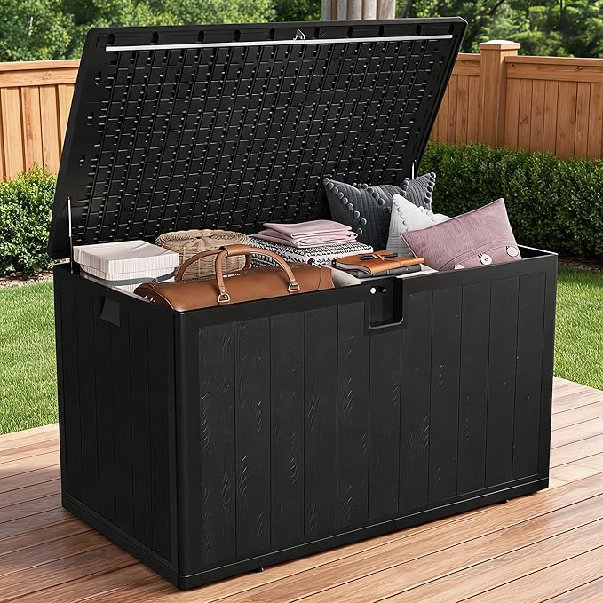 130 Gallon Outdoor Deck Box, Lockable Waterproof Outdoor Resin Box with Lid, Patio Storage Bin for Patio Furniture, Garden Tools, Pool Accessories - Brown