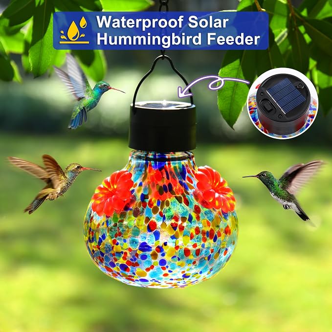 SAVENNA Hand Blown Glass Solar Hummingbird Feeder with Soft Night Light, 17oz Leak-Proof Decorative Feeder for Outdoor Garden Patio Yard – Multicolor