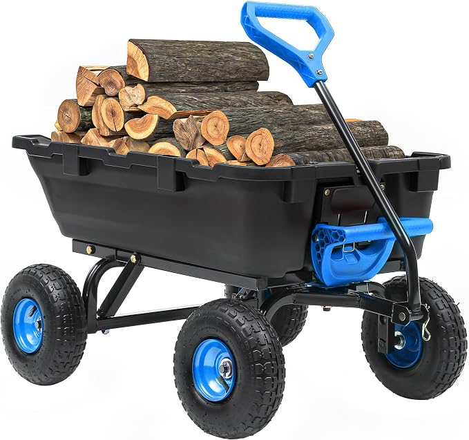 Garden Dump Cart 900Lbs, 2026 Upgraded Heavy Duty Wheelbarrow Dump Wagon with 10" Non-Slip Pneumatic Tires & Quick-Release Dumping, 4-Wheel Steel Frame Utility Carts for Yard,Farm and Garden