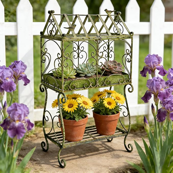 Vintage 2-Tier Metal Plant Stand with House-Shaped Planter Tray, Distressed Green Rustic Plant Shelf with Succulent Tray for Indoor Outdoor Garden, Patio & Balcony Decor