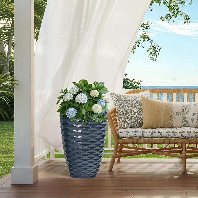 19" H Coastal Planter for Indoor/Outdoor Plants, Set of 2 Large Flower Pot with Drainage Hole, Weather/UV Resistant Resin Planters for Garden Patio Porch Home office Decor, Glossy Navy Blue Wavy