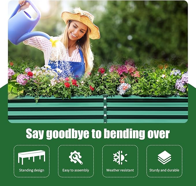 Land Guard Galvanized Raised Garden Bed with Legs, 96×24×32in Raised Garden Beds Outdoor with Drainage Holes, Planter Boxes Outdoor for Backyard, Patio, Balcony, 1200lb Capacity, Green