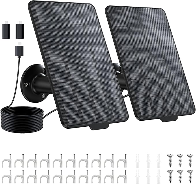 3W Solar Panel for Battery-Powered Security Cameras,USB-C & Micro USB Solar Charger for Wireless Outdoor Cameras,IP65 Waterproof, 9.8ft Cable, 360° Adjustable Mount (Black, 2 Pack)