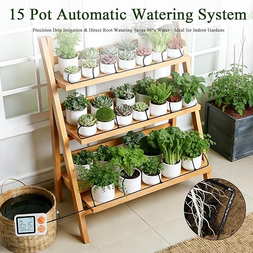 Topotdor Automatic Indoor Plant Waterer for 15 Potted Plants, Self Watering System Drip Irrigation Kit with Programmable Timer & Smart Humidity Detection