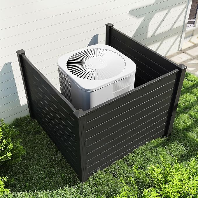 HAPPYGRILL Air Conditioner Fence, 3 Panels Outdoor Privacy Screen with Metal Stakes, No Dig Pool Equipment Enclosure, 48" x 38" Trash Can Screen Fence Kit for Outside Backyard, Black