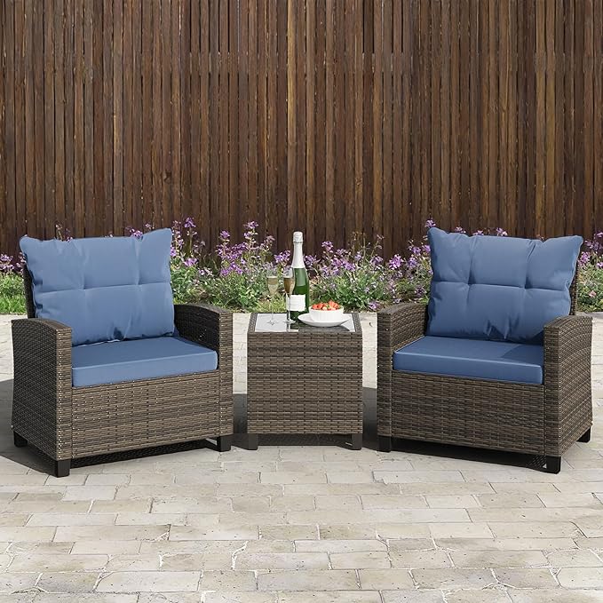 Shintenchi 3 Pieces Patio Furniture Set 3 Pieces PE Rattan Wicker Chairs with Table Outdoor Furniture for Backyard/Garden/Poolside/Outdoor Restaurant Gary Rattan with Blue Cushion