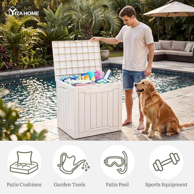 YITAHOME 31 Gallon Deck Boxes Set of 2, Lockable Outdoor Storage Bins for Patio Cushions, Garden Tools, Weather-Resistant Resin Storage Solution, White