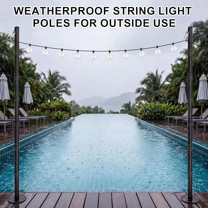 2 Pack 10 Ft String Light Poles for Outdoor String Lights, Heavy Duty Metal Outdoor Light Poles for Deck, Backyard, Garden, Patio, Wedding, Party