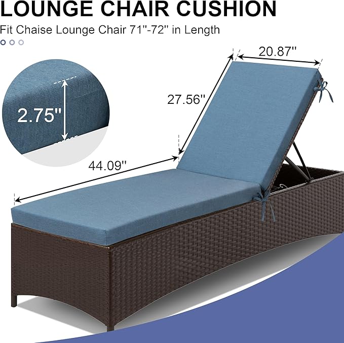 Crestlive Products Sunbrella Chaise Lounge Cushions Outdoor, Fade Resistant Water Resistant Lounge Chair Cushion, 72''L x 21''W, Denim Blue