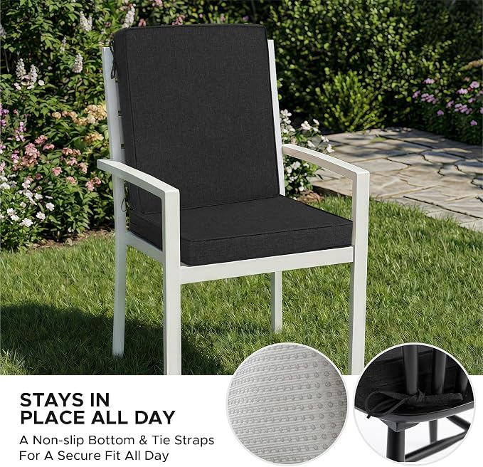 Outdoor Chair Cushions, Water-Resistant & Fade-Resistant, Patio Furniture Lawn Dining Chair Seat Replacement with Mid Back, Ties Zipper, Removable Cover, 18 x 16.5 Inch, Set of 2, Black