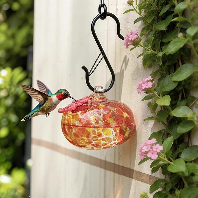 QFkris Blown Glass Hummingbird Feeder for Outdoors Hanging, Small Hummingbird Feeder with Flower Feeding Ports for Outside Garden Backyard Decor, Gifts for Women Mom(Orange)