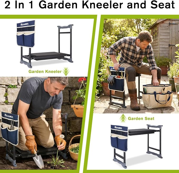 Garden Kneeler and Seat with Umbrella, 2-in-1 Foldable Gardening Stool with Adjustable Bracket, Detachable Tool Bags, Heavy Duty Kneeling Pad for Gardening (Beige Blue)