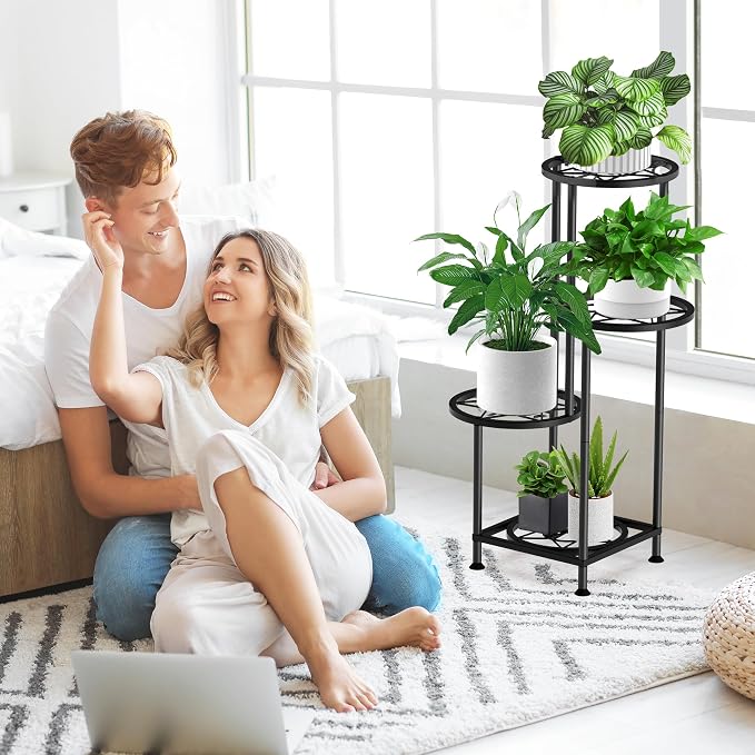 4 Tier Plant Stand Indoor Outdoor, Metal Flower Shelf Display Holder, Multiple Plants Corner Tall Flower Holders for Patio Balcony Porch Garden Living Room (Diamond Black)