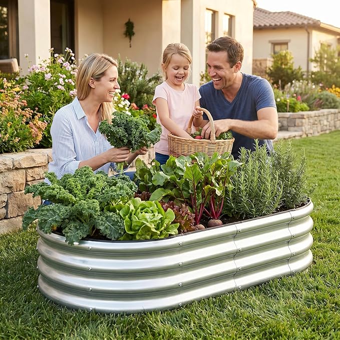 1MORE Galvanized Raised Garden Bed- Planter Garden Boxes Outdoor, Raised Beds for Gardening, 4x2x1ft Metal Garden Bed Kit for Vegetables Flower, Planter Raised Bed with Protective Tape & Tools.Silver