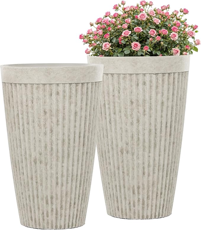 20" Resin Tall Planters for Outdoor Plants,Set of 2 Vintage Ivory Large Flower Pots with Handmade Fluted Texture,Heavy-Duty and Weather-Resistant for Porch Christmas Decor,Garden, Patio