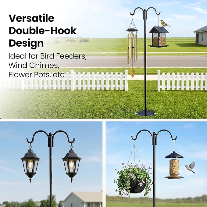 74 Inch Double Shepherds Hooks for Outdoor Bird Feeder Pole, Plant Hangers Balcony, Heavy Duty Garden Hooks Stand for Hanging Basket, Wind Chime, Hummingbird Feeder, 4 Ground Stakes Included