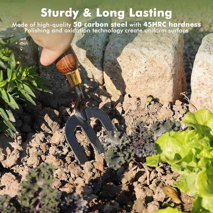 RESTMO Heavy Duty Gardening Hand Fork, Thickened Hand Weed Fork Tool with Ergonomic Handle for Planting, Turning Soil, Weeding, Digging, and Cultivating