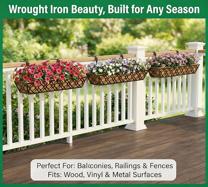 Y&M Deck Railing Planter Boxes 30 Inch 6 Pack, Adjustable Balcony Planter for Outdoor Plants, Metal Railing Planter Box for Deck, Fence and Porch, Window Boxes Outdoor, Sturdy Hanging Planter