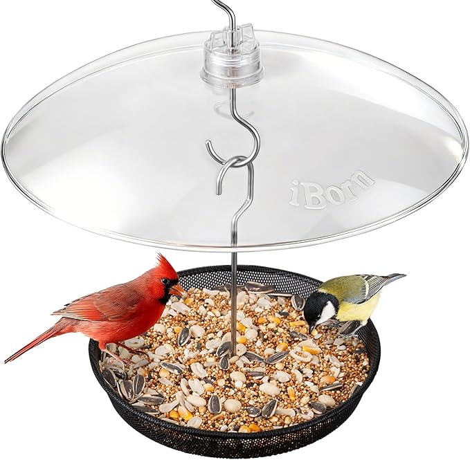 iBorn Hanging Bird Feeder Tray & Rainroof Cover, Bird Feeder Bowl with 13”Bird Feeder Cover for Rain Guard, Chew-Proof Polycarbonate & Thick Metal Hanger, Easy to Refill & Clean, Transparent & Black