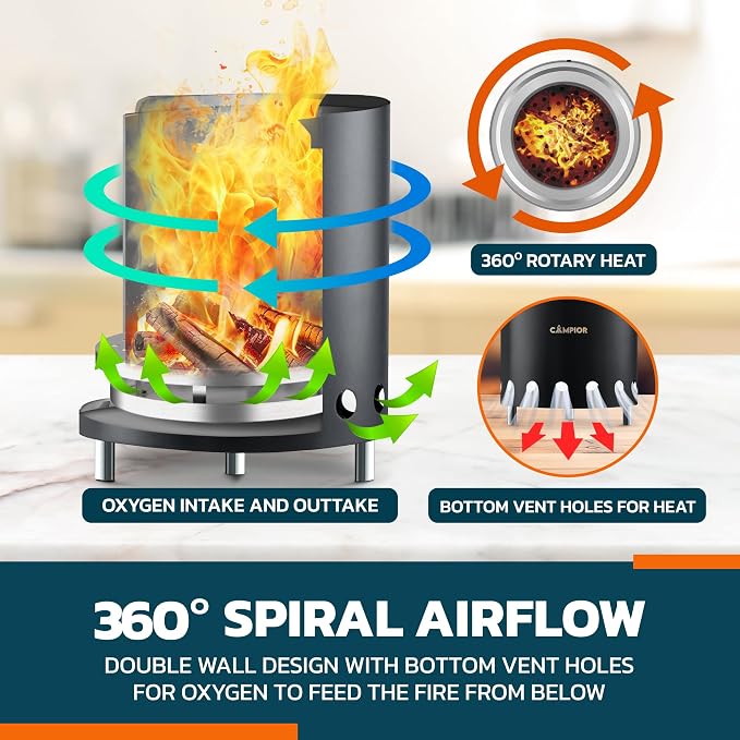 CAMPIOR Wood Burning Fire Pit Stove with Black Exterior - Smokeless Outdoor Stove for Efficient Wood Fires, Camping, and Gatherings, Stainless Steel with Removable Ash Pan, Stand and Carry Bag