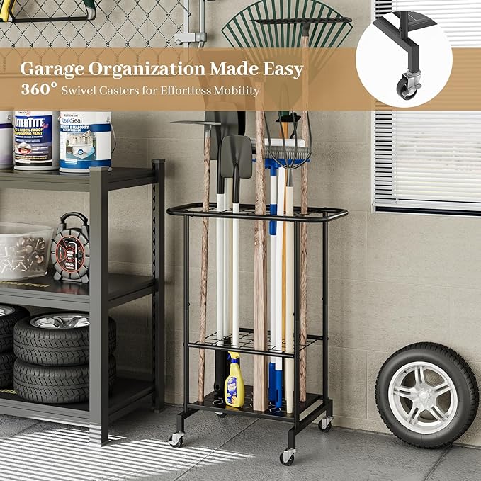 Garden Tool Organizer with Wheels, Heavy Duty Metal Garage Tool Storage Rack, Yard Tool Holder for Long-Handled Tools, Rakes and Brooms, Indoor and Outdoor Use for Shed, Patio
