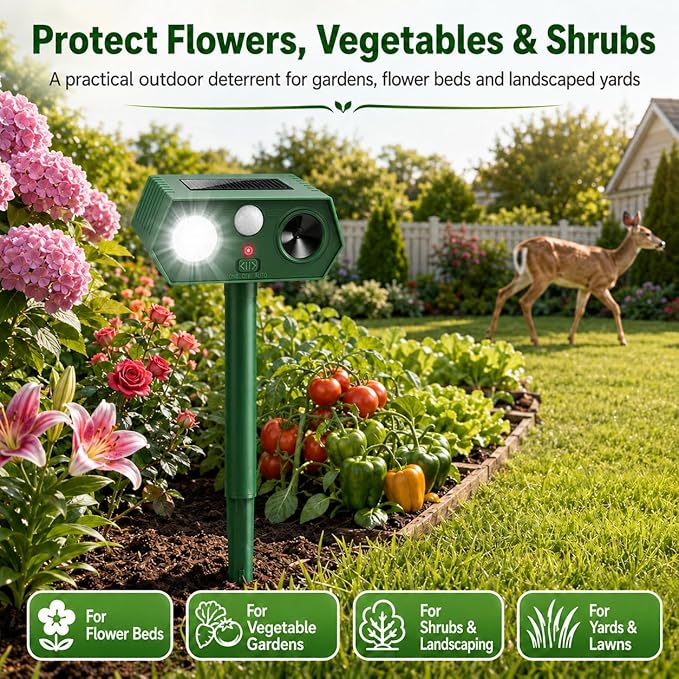 2026 Sonic Fortress Pro Deer Repellent Device Solar Ultrasonic Animal Repellent with Motion Sensor&Flash Light,Squirrel Fortress Pro Raccoon,Rabbit Repellent for Plants,Vegetables Yard 4 Pack