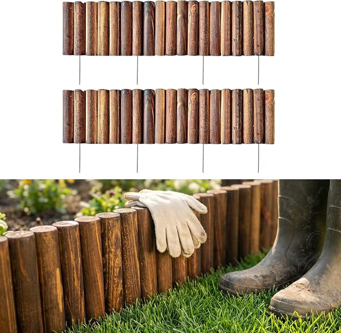 LaLaGreen Wooden Fence Panel (30"x8", 2 Pack) Brown Wood Decorative Flower Bed Landscape Fencing with Metal Stakes, Garden Edging Border for Lawn Yard Patio Pathway Tree Rings Barrier Outdoor Decor