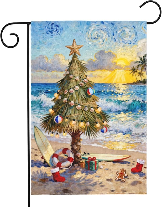 Coastal Christmas Garden Flag 12x18 Inch Xmas Tree Beach Holiday Themed Decorative Yard Flags for Outside Double Sided Winter Seasonal Outdoor Home Farmhouse Decoration Porch New Year Decor
