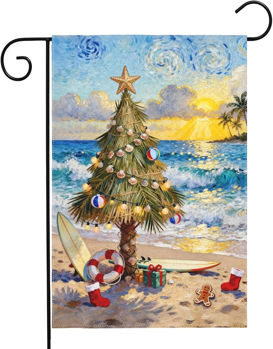 Coastal Christmas Garden Flag 12x18 Inch Xmas Tree Beach Holiday Themed Decorative Yard Flags for Outside Double Sided Winter Seasonal Outdoor Home Farmhouse Decoration Porch New Year Decor