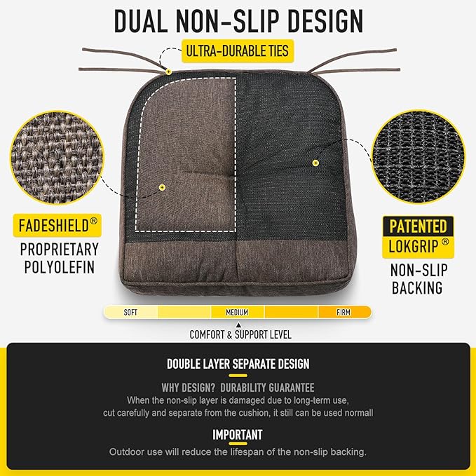 SUNROX Memory Foam Non Slip Rocking Chair Cushion, FadeShield Water Resistant Thicken Durable Tufted Pads, Set of Seat & Back Cushion with Ties for Indoor/Outdoor Rocker, 2 Piece, Heather Chestnut