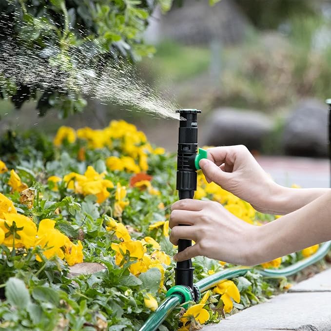 RESTMO Above Ground Sprinkler System,Irrigation Sprinklers for Yard,Green | DIY Flexible Metal Spike Sprinkler, Tool-Free, Adjustable Angle/Flow, 3 Sprinklers & 30ft Hose, Ideal for Plants & Gardens
