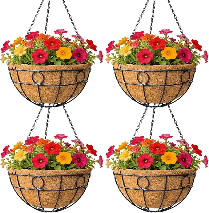 Classic Round Wire Hanging Basket 4 Packs 14 Inch Deep Coco Liner Water-Absorbing All-Weather Garden Deck Hanging Planter with Chain Flower Pot