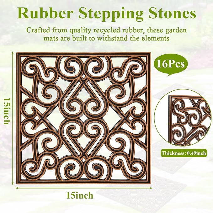 Pangda 8 Pack Rubber Stepping Stones Outdoor 15x15 Inch Garden Path Tiles Non Slip Walkway Pavers Heavy Duty Decorative Mats for Outside Patio Lawn Pathway Gravel Dirt Grass Yard (Copper)