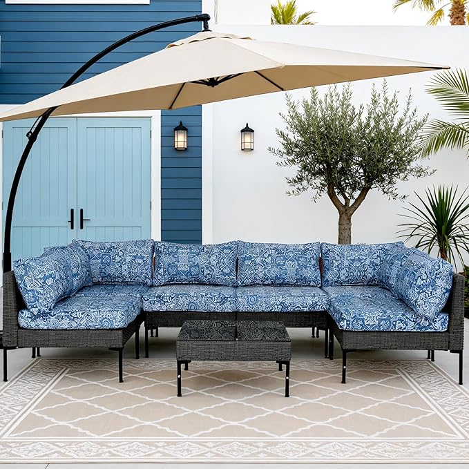 14Pcs Outdoor Cushion Covers Replacement Washable Waterproof UV w/Zipper for 6-Seaters Sofa Patio Slipcovers Set Seat and Back Covers Only (Blue Charming, 25x25x3.15inch)