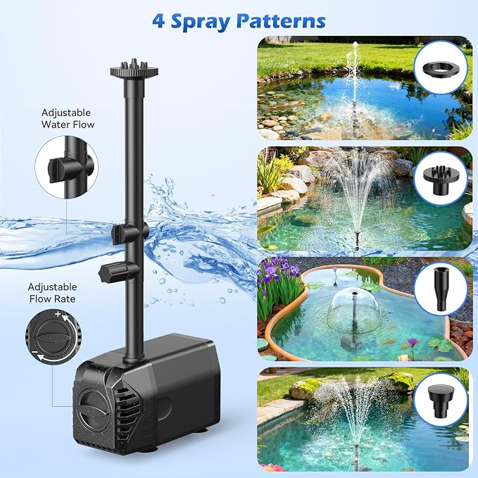 Antfraer 25W Solar Fountain Pump, 320 GPH Solar Pond Pump with 4 Nozzles, Adjustable Flow & 6.6ft Tubing, Solar Water Fountain Pump for Garden, Fish Tank, Backyard