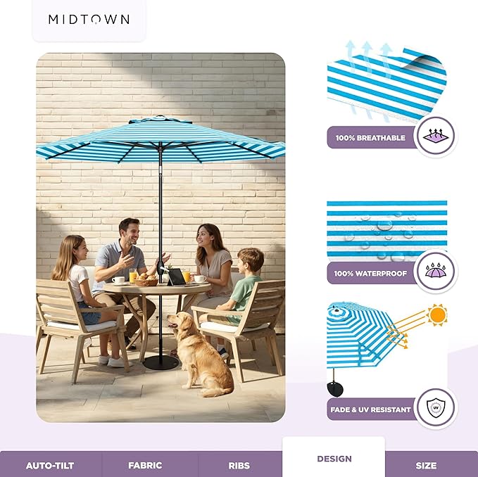 Midtown Umbrellas The Lean 9 Feet Outdoor Umbrella With Terylast Cobalt Stripes (Blue/White Stripes) Polyester Fabric - Auto-Tilt Aluminum Frame Patio Umbrella For Deck, Garden, Pool - Black Pole