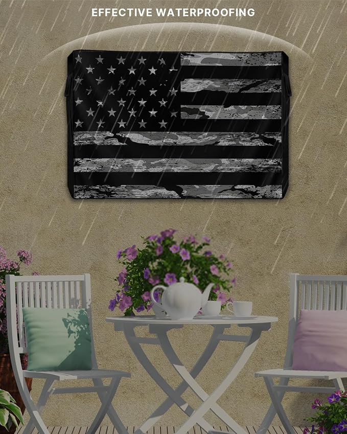 American Flag Outdoor TV Cover 48 to 50 Inch Weatherproof, Camouflage Black Stripes 600D Oxford TV Covers with Zipper, Vintage US Flag Outside Flat TV Screen Protector Size 48"W x 30"H x 4.5"D