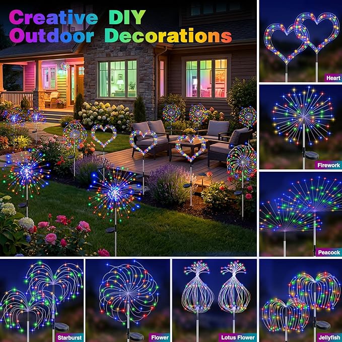 btfarm 2 Pack Solar Garden Lights Outdoor 8 Modes, 120 LED Firework Lights Solar Powered, Waterproof Twinkle Fairy Light Outside for Yard Pathway Lawn Pool Patio Christmas Decorative, Multicolor